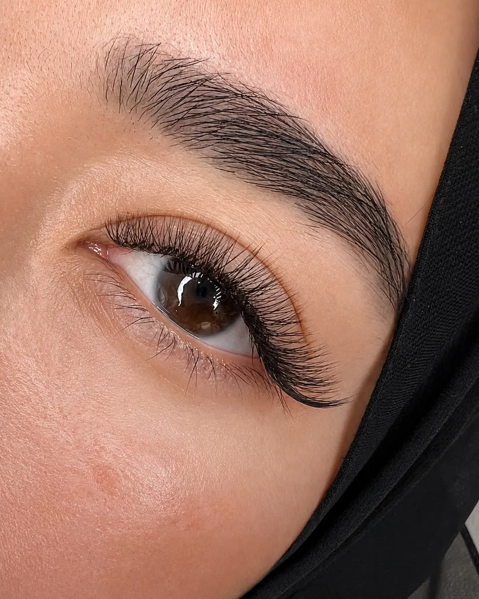 Cat eye lash extensions in Dubai — lifted outer corner at AZIZAM beauty salon