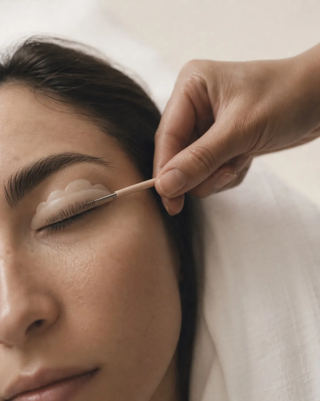 Silicone shield positioned along the lash line during a lash lift treatment