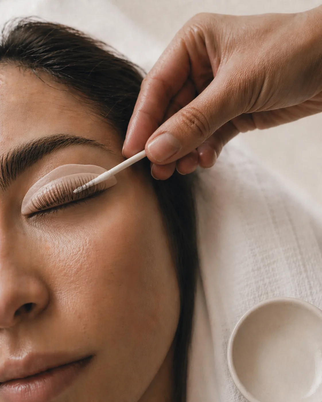 Lifting solution applied to shielded natural lashes at Azizam beauty salon, Dubai