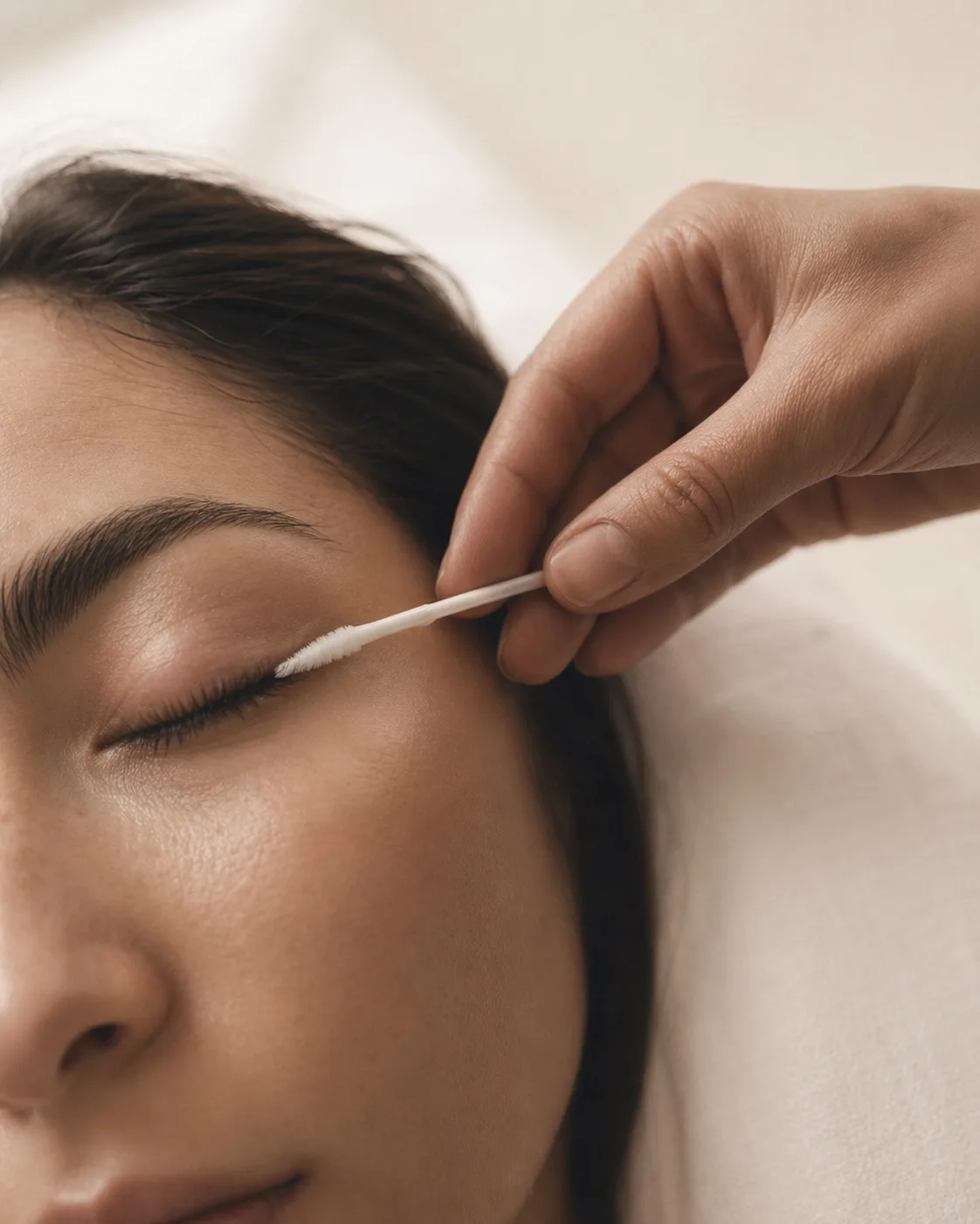 Azizam Master technician finishing a lash lift with a conditioning step